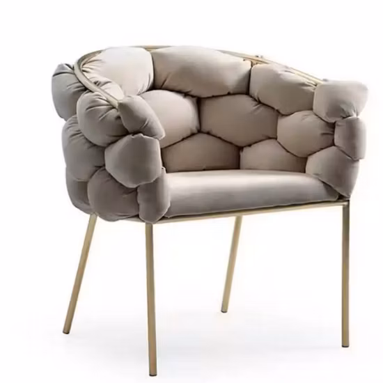 Nordic Velvet Beige Tufted Gold Stainless Steel Leg Minimalist Dinning Chair Make up Dining Chair
